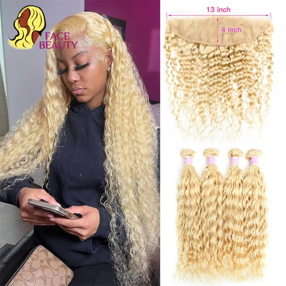 Face Beauty 613 Blonde Frontal Clodure with Bundles Remy 3/4 Peruvian Human Hair Deep Wave Curly Bundles with 13x4 Lace Frontal