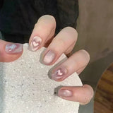 24-piece blush pink glitter diamond cat eye coffin press-on false nails, short square full-cover tips