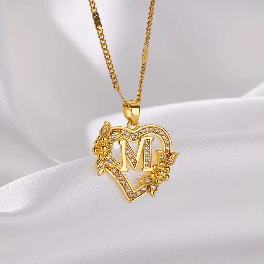 Gold stainless steel heart initial letter necklace with A-Z alphabet pendant for women, birthday jewelry gift.