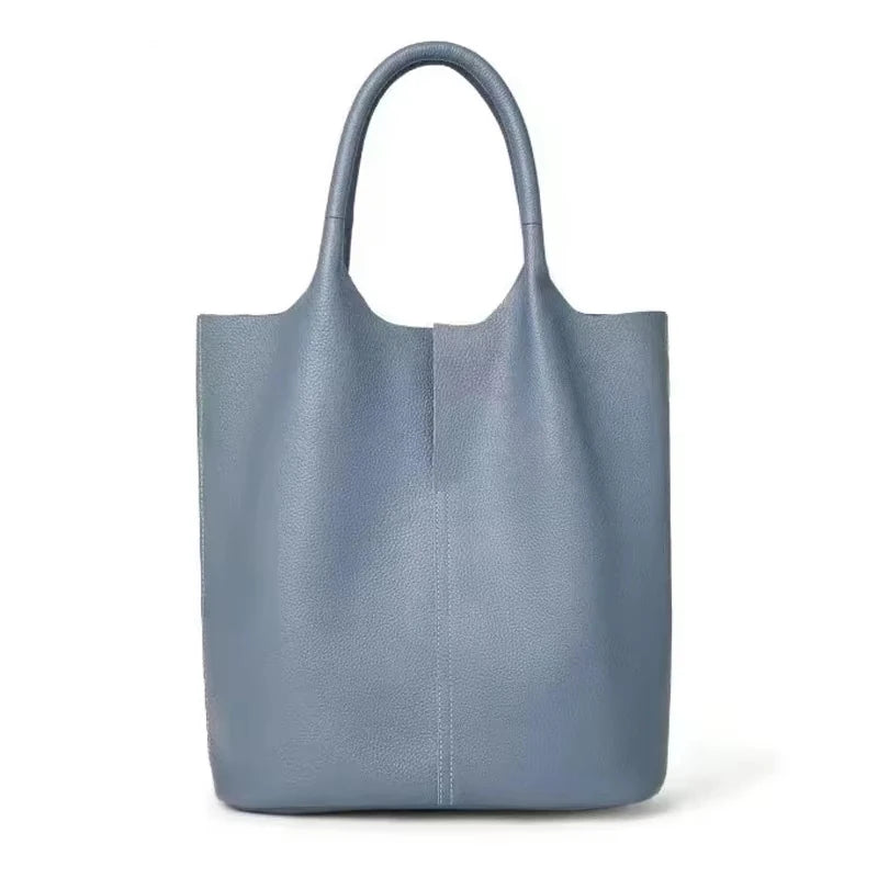 Genuine cowhide leather tote bag for women, luxury commuter style handbag in brown and white tones