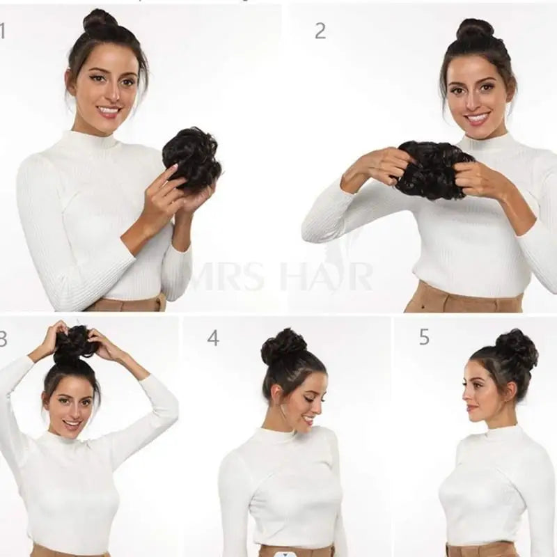 Brown-blonde 6-inch human hair drawstring bun wig hairpiece for thinner hair, flexible ponytail chignon style