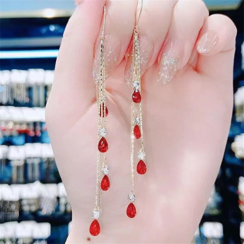 Green zircon drop earrings with long tassel and rhinestone details for women, Korean fashion wedding jewelry