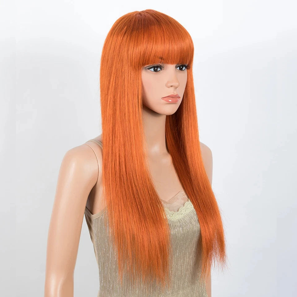 Rebecca 180D straight human hair wig with bangs in a highlight straight bob style, full machine-made, ready-to-wear for women.