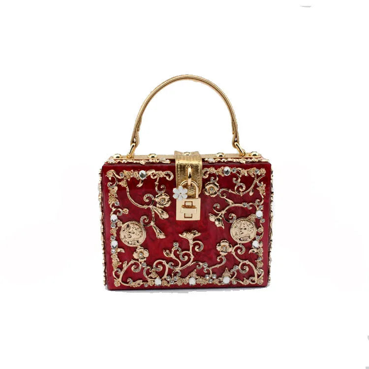 Acrylic dinner bag with engraved metal detailing and diamond accents by HSF Marketplace