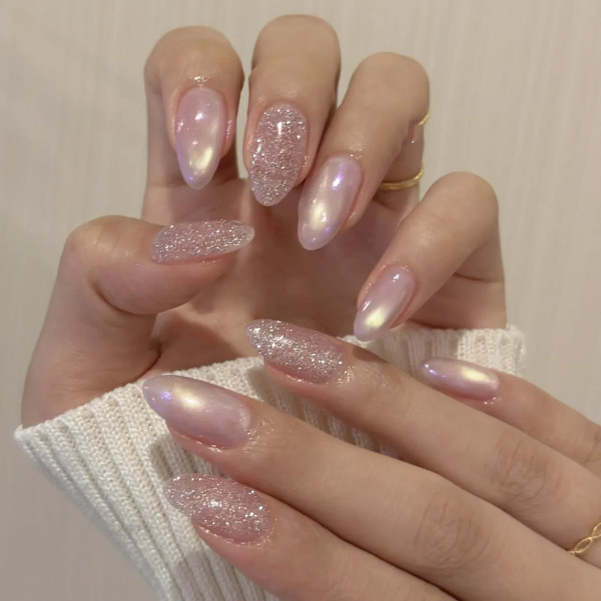 24-piece blush pink glitter diamond cat eye coffin press-on false nails by HSF Marketplace
