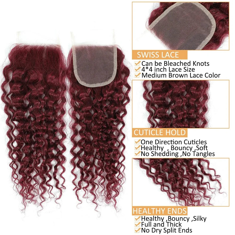 12A Water Wave Bundles With Closure 99J Burgundy Wet and Wavy Virgin Curly Deep Wave 100% Human Hair Bundles With Closure