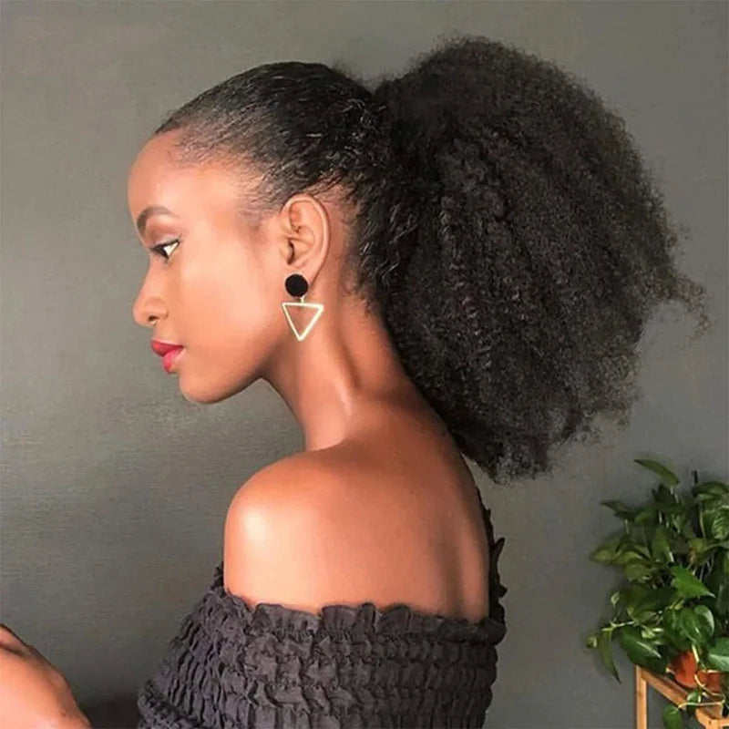 Mongolian Afro Kinky Curly Human Hair Wrap Around Ponytail Natural Color Clip Ponytail Extension Hair For Women 10-22 Inch