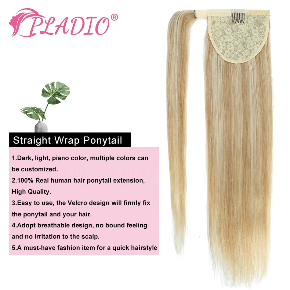 HSF Marketplace clip-in wrap-around ponytail, straight Brazilian Remy human hair extension in 12–28 inch length