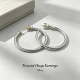 Silver tone large twisted wire hoop earrings with gold posts for women, alloy classic jewelry