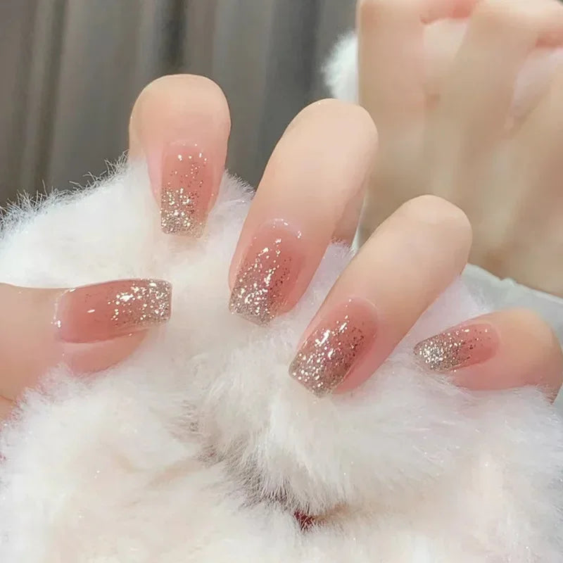 24-piece blush pink glitter diamond cat eye coffin press-on false nails, short square full-cover tips