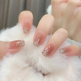 24-piece blush pink glitter diamond cat eye coffin press-on false nails, short square full-cover tips