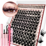 DIY Lash Extension Kit 8-16mm Mixed Lengths Fluffy Cluster Lashes Set Reusable Soft Lashes Natural Volume for Daily for Beginner