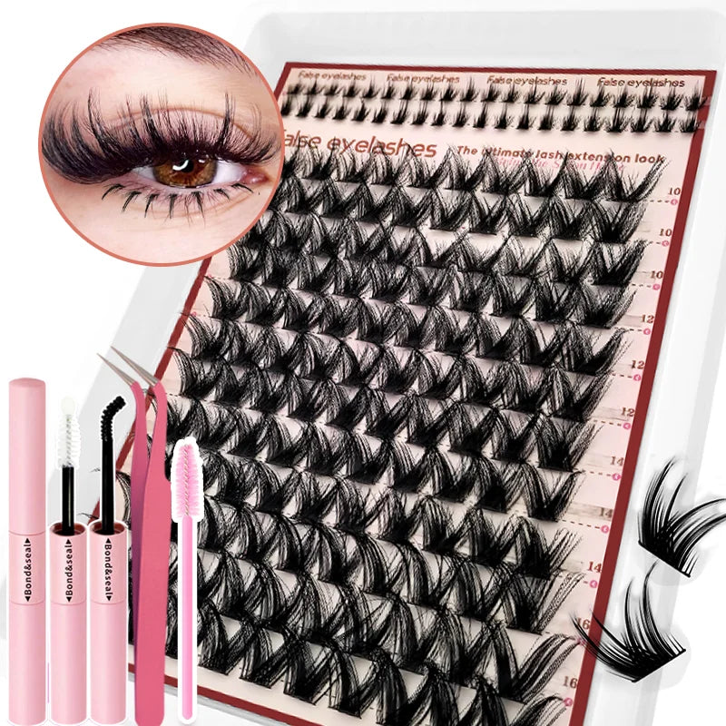 DIY Lash Extension Kit 8-16mm Mixed Lengths Fluffy Cluster Lashes Set Reusable Soft Lashes Natural Volume for Daily for Beginner