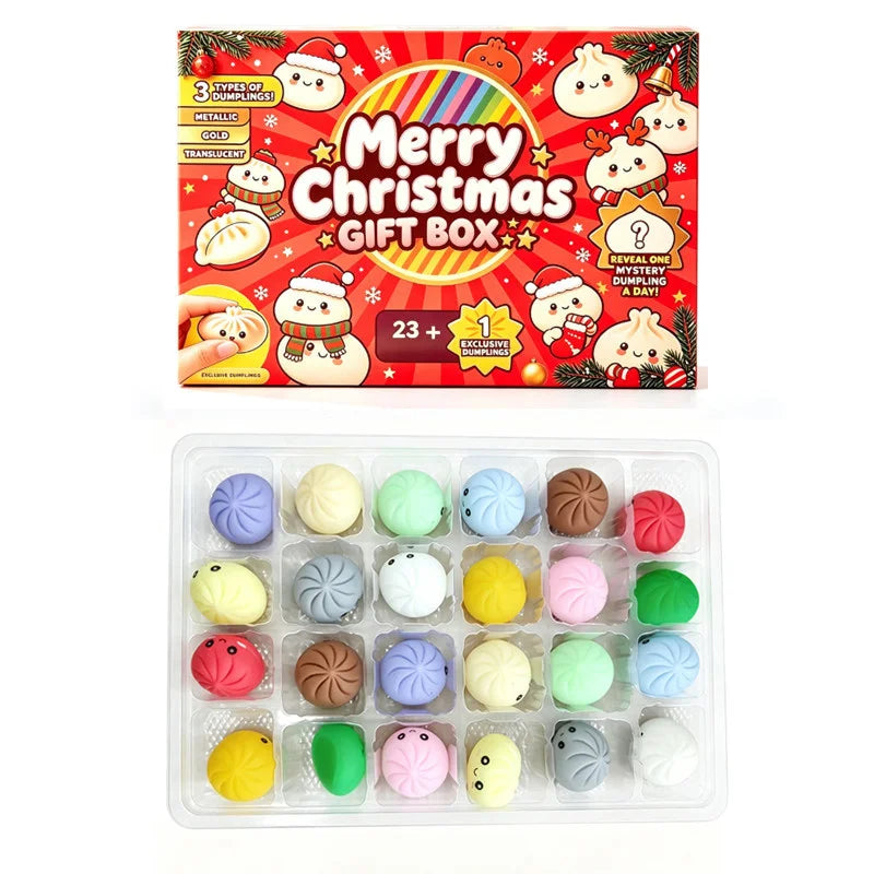 24-day Christmas advent calendar with dumpling-shaped slow-rise squishy sensory toys for anxiety relief