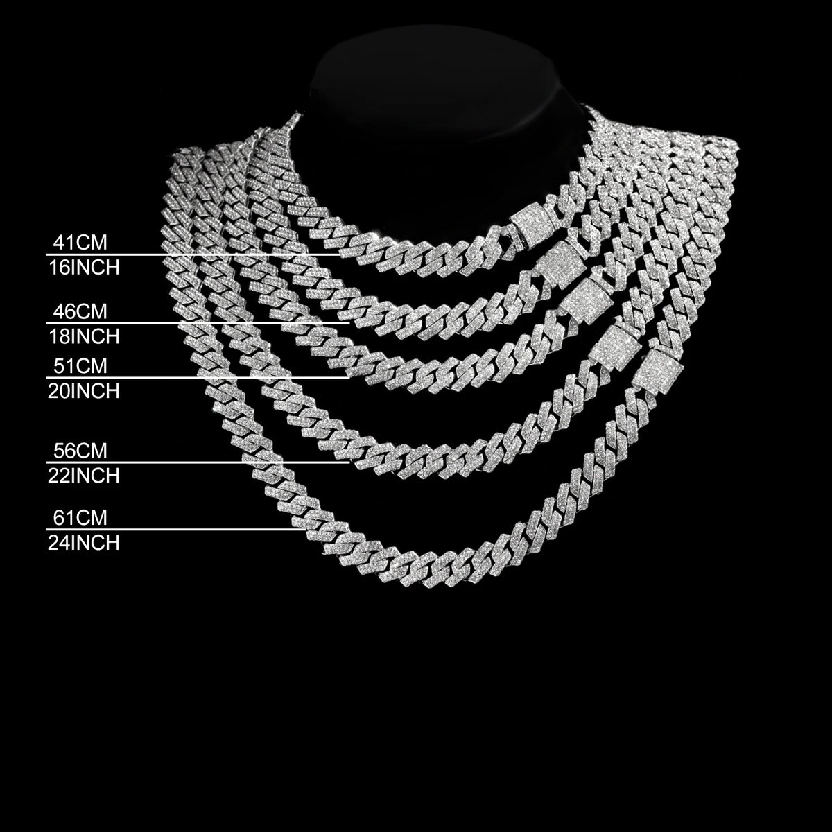 Gold Cuban link chain necklace with rhinestones, 16 to 24 inches, 2-row design, hip hop jewelry for women and men.