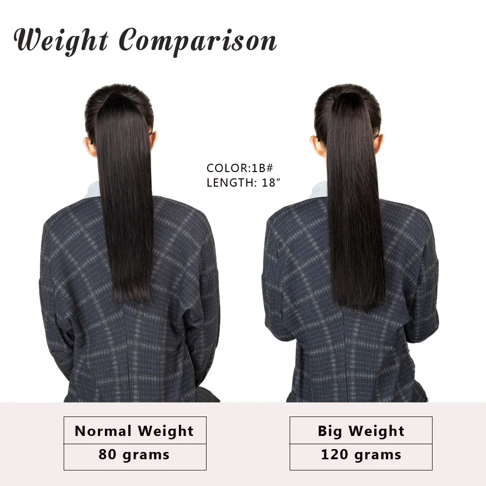 Isheeny straight human hair ponytail extension, Brazilian Remy wrap clip-in, shown in natural style