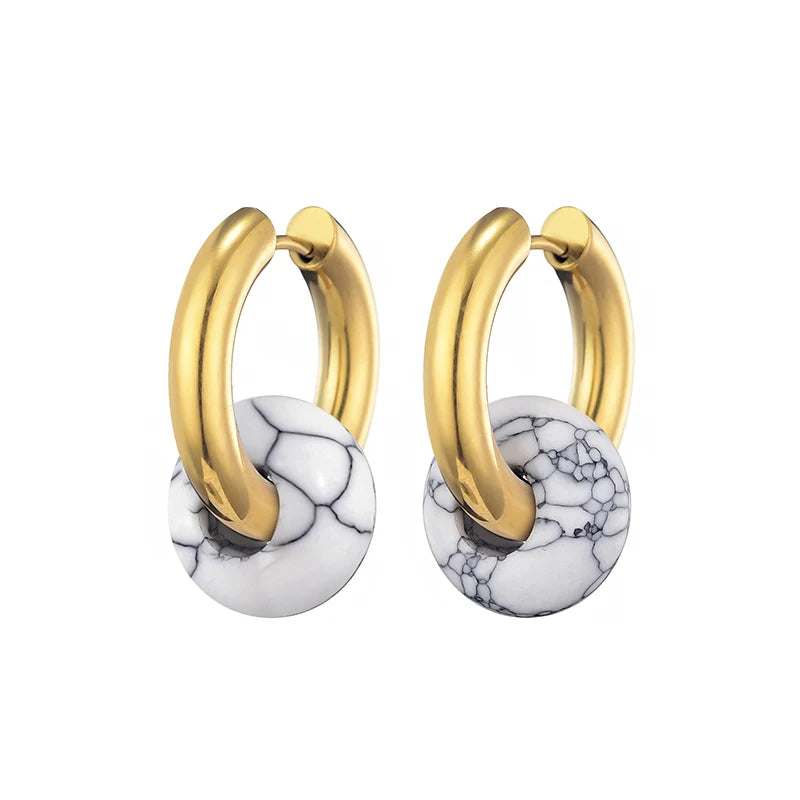 Natural stone turquoise round bead hoop earrings with 3mm thick stainless steel ear buckles for women
