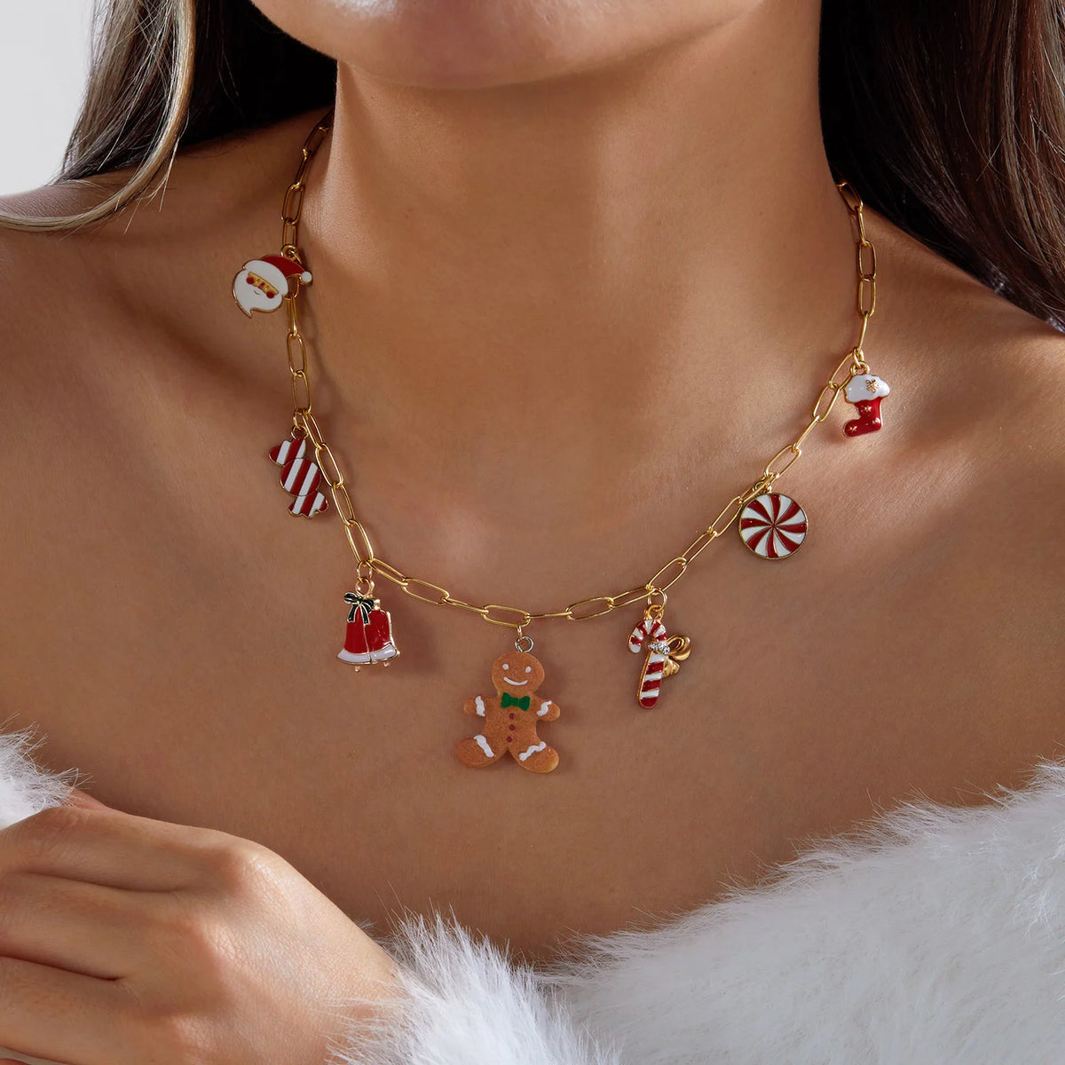 Christmas orange gingerbread man pendant necklace for ladies, featuring colorful multi-pendant design and festive jewelry style.