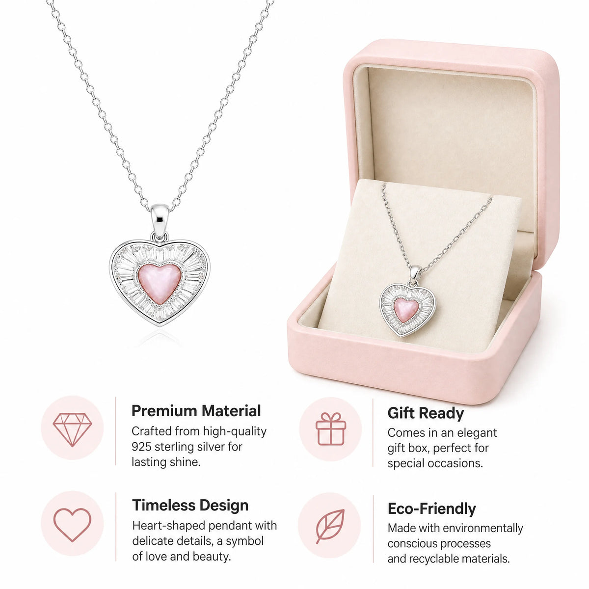 Pink heart crystal halo sunburst pendant necklace for women, elegant fashion jewelry featuring sparkling crystals and a delicate chain.