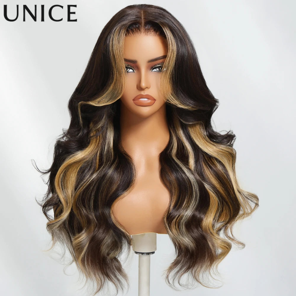 Butterscotch highlights loose wave human hair wig with bangs by HSF Marketplace