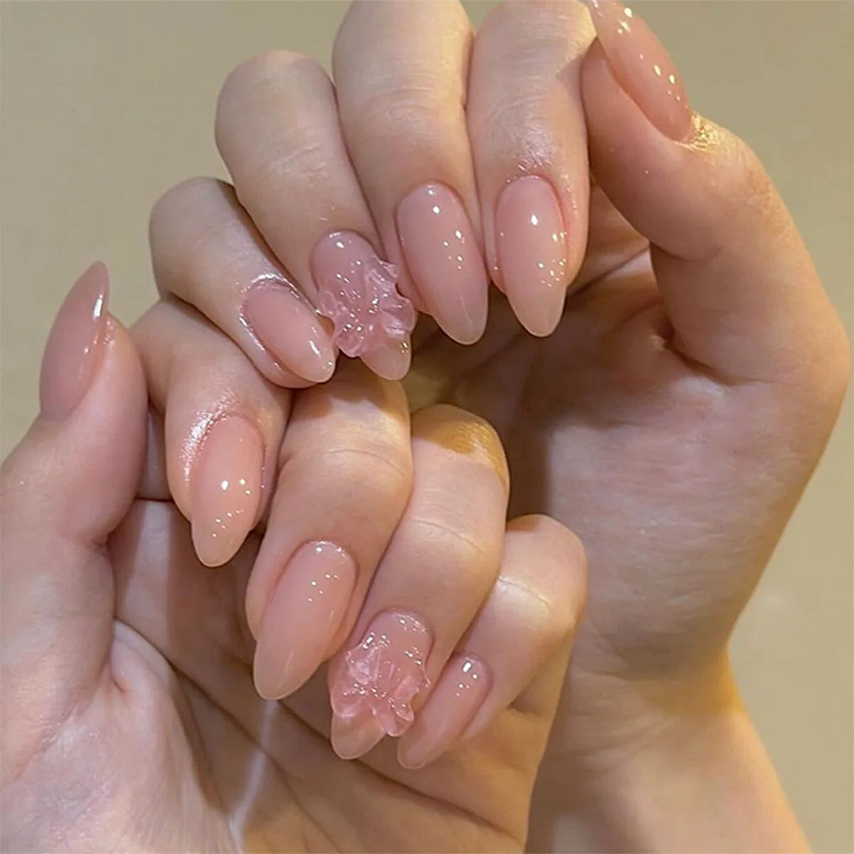 Pink almond Korean press-on false nails with bowknots, love hearts, and pearl design, 24-piece set