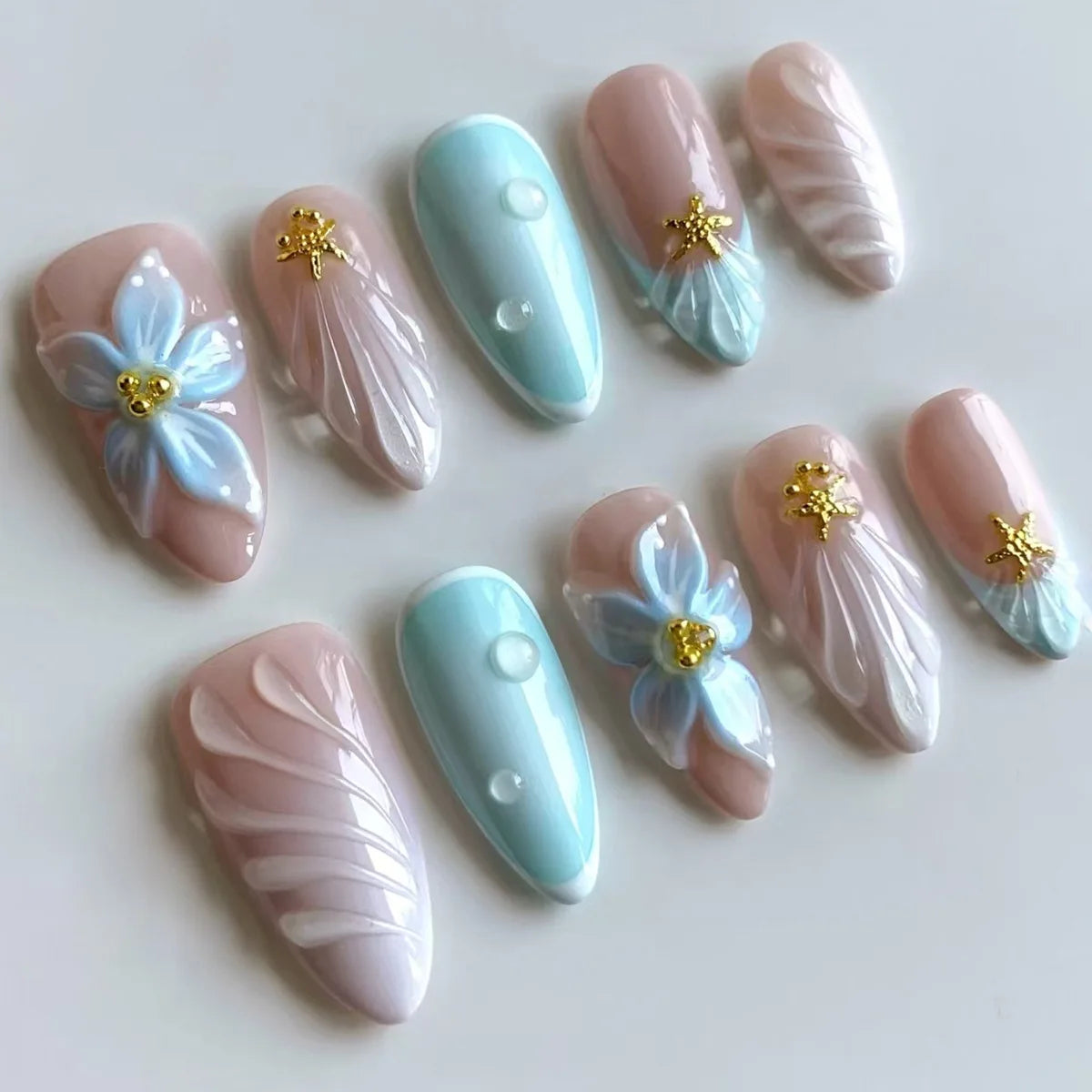24-piece pink flower almond press-on false nails, kawaii wearable stick-on nail tips by HSF Marketplace
