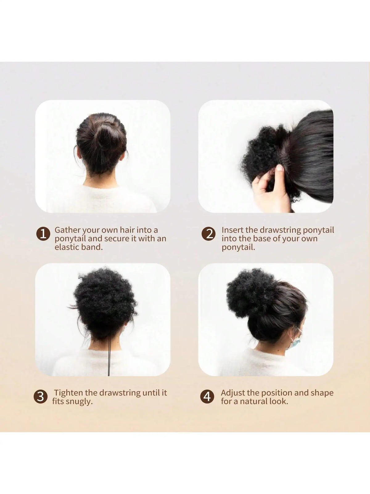Kinky curly human hair afro puff drawstring ponytail high bun hairpiece clip-in extension for Black women