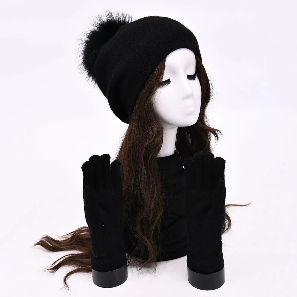 Women’s warm cashmere wool winter hat, gloves and scarf set in a coordinated design