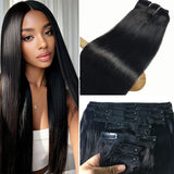 8-piece natural black Remy human hair clip-in extensions with 18 clips for a full-head look