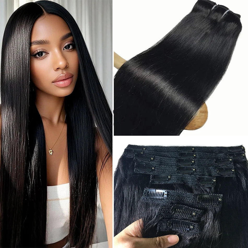8-piece natural black Remy human hair clip-in extensions with 18 clips for a full-head look