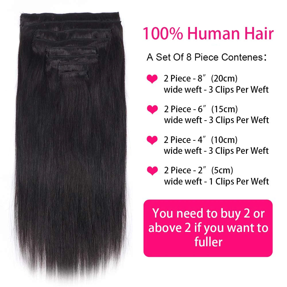 Straight natural black clip-in hair extensions, 100% human hair, 8-piece 120g full-head set