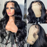 250 density body wave human hair wig with 13x4 HD lace front, pre-plucked hairline, bleached knots, and glueless dome cap