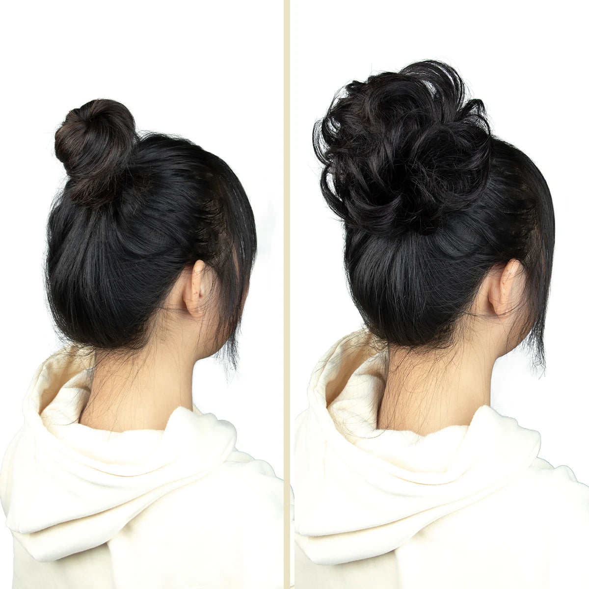 Elegant messy bun hairpiece with natural fluffy curls, real human hair, and elastic ponytail extension for women