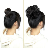 Elegant messy bun hairpiece with natural fluffy curls, real human hair, and elastic ponytail extension for women
