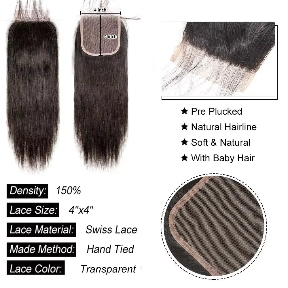 Brazilian Human Hair Bundles With Closure Straight Raw 3 4 Bundles With 4x4 5x5 HD Lace Closure Virgin Weave With 13x4 Frontal