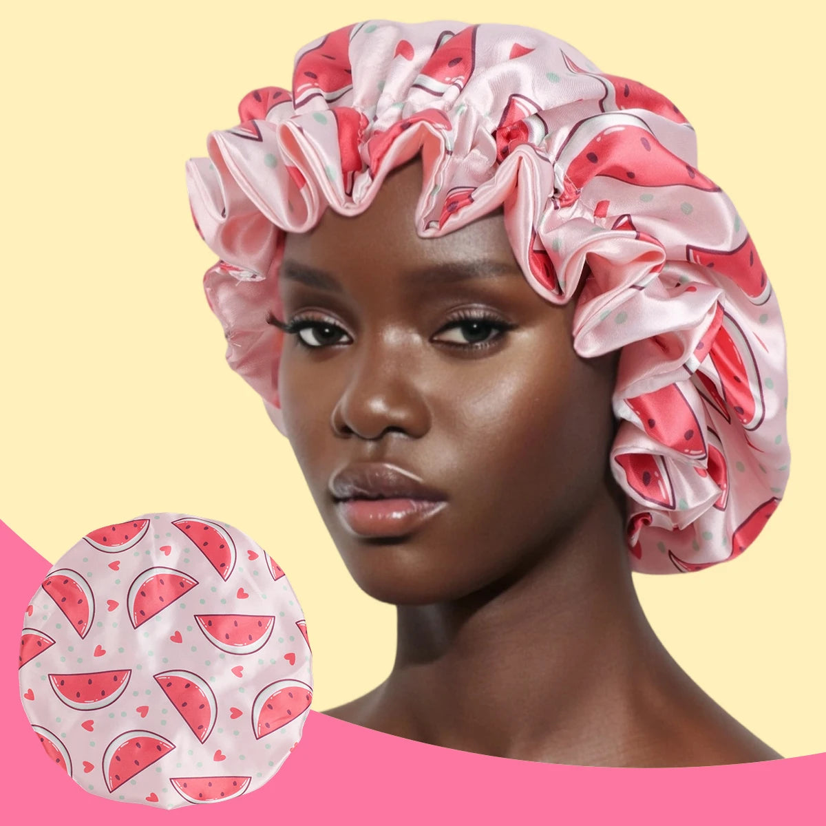 1 Piece Satin Silk Sleep Cap with Fruit Animal Print Double Layer Comfortable for Daily Use