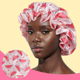 1 Piece Satin Silk Sleep Cap with Fruit Animal Print Double Layer Comfortable for Daily Use