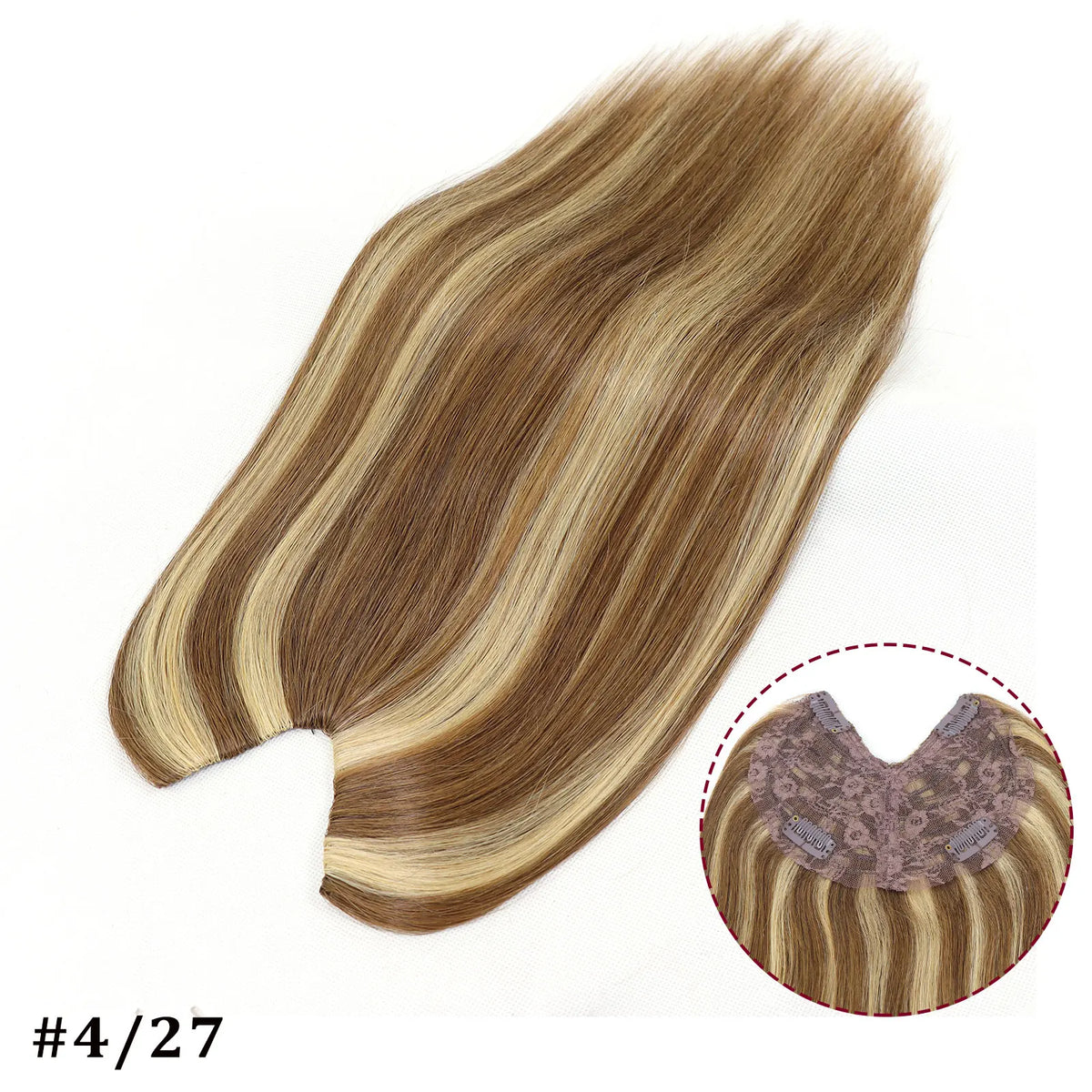 V-shape clip-in human hair extensions in brown blonde highlights, straight Brazilian Remy hair, 16-inch topper