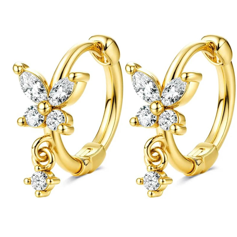 Bobisty hypoallergenic screw-back hoop earrings, 14K gold-plated heart and CZ flower design