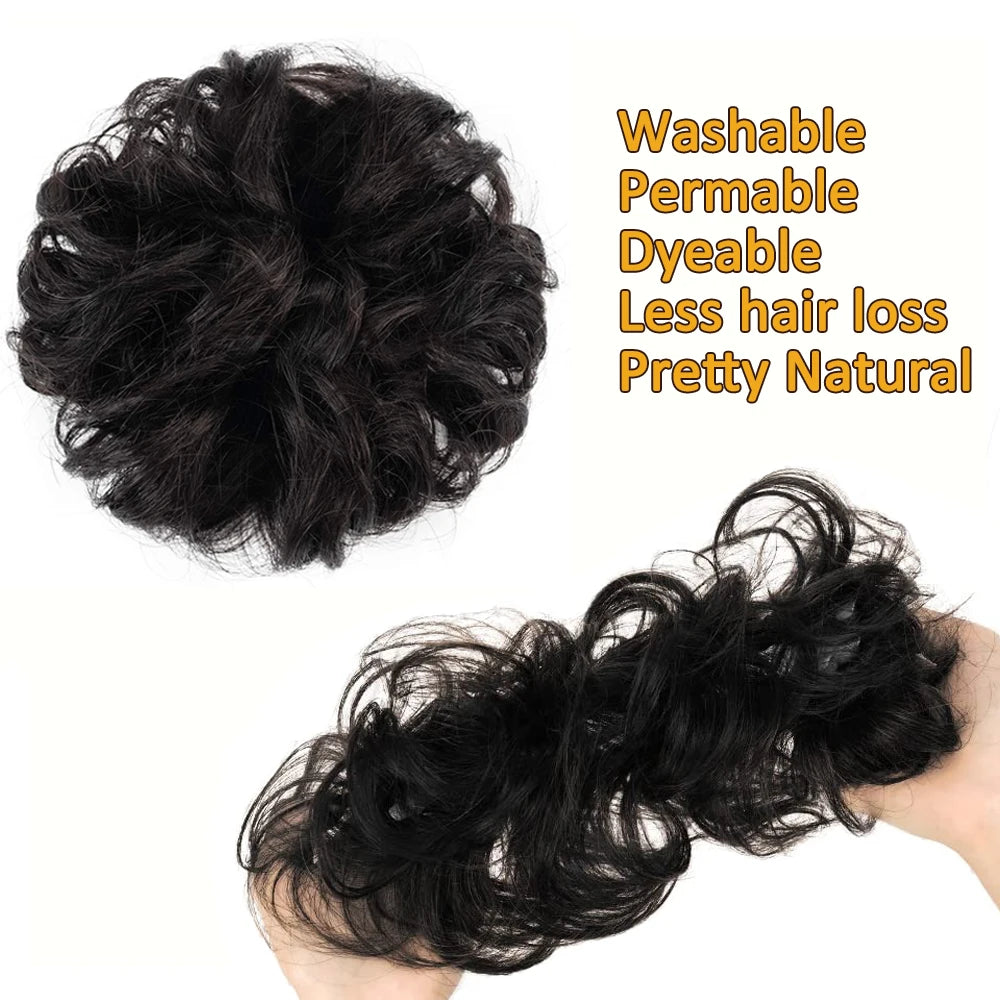 Natural black wavy human hair bun ponytail extension for a tousled updo chignon by HSF Marketplace