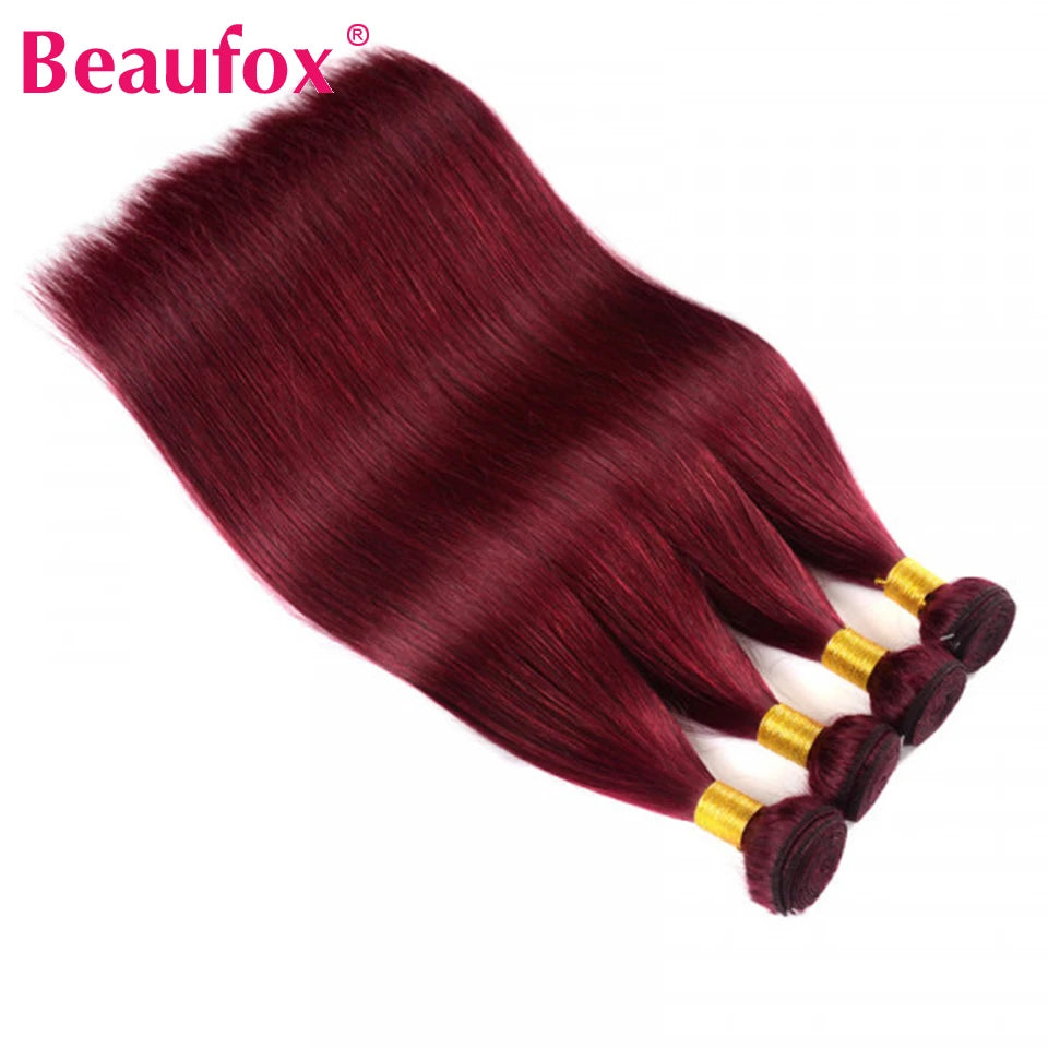 Beaufox Straight Human Hair Bundles With Closure Colored Burgundy Red 3/4 Bundles With Lace Closure 99j Brazilian Hair Bundles