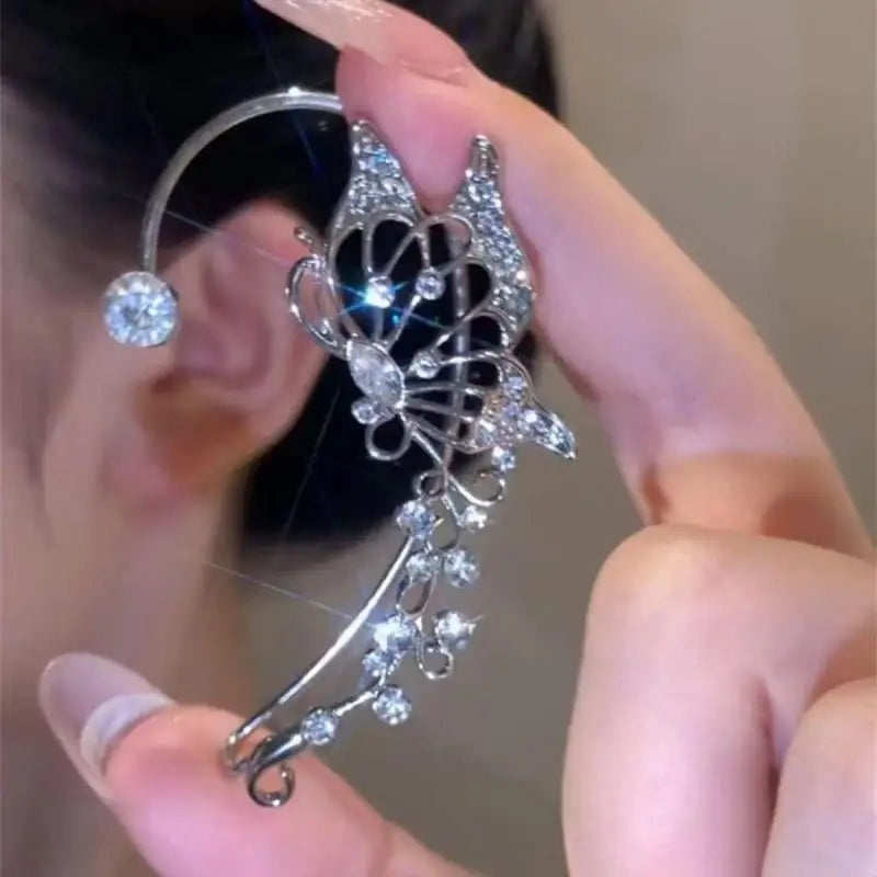 Korean elf butterfly zircon crystal ear cuff clip earring, elegant sparkling wedding jewelry without piercing