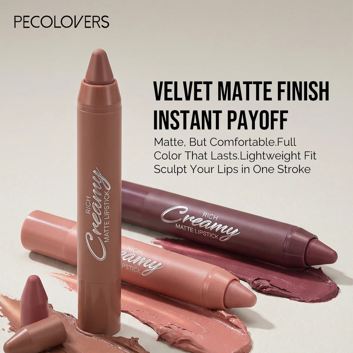 6-piece creamy matte lipstick kit with six everyday shades, silky lip crayons, and smooth glide-on application