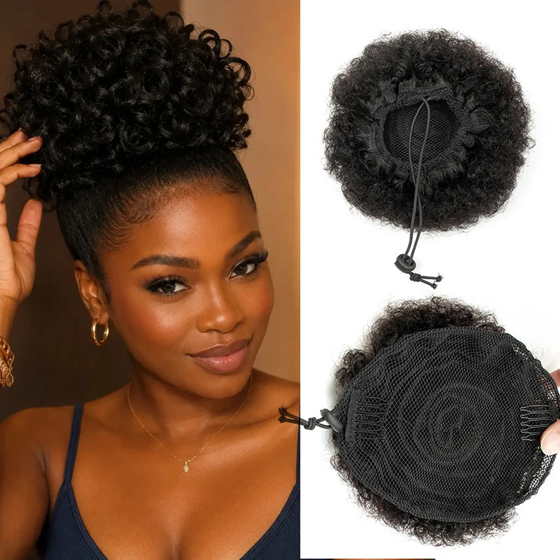 Afro kinky curly human hair chignon ponytail drawstring high bun hairpiece in an updo, 4–8 inch lengths