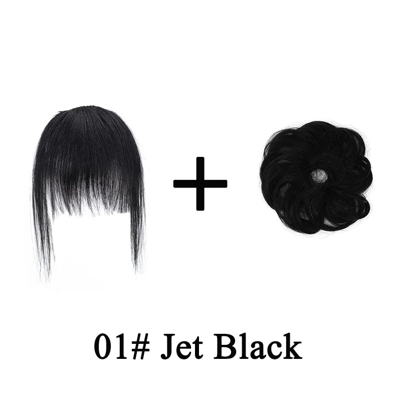 Messy bun wavy curly human hair ponytail with clip-in extensions and air bangs fringe for women