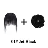 Messy bun wavy curly human hair ponytail with clip-in extensions and air bangs fringe for women