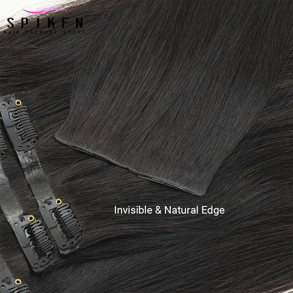 Chocolate brown straight PU clip-in human hair extensions, 7-piece set, 100-120g Remy hair pieces