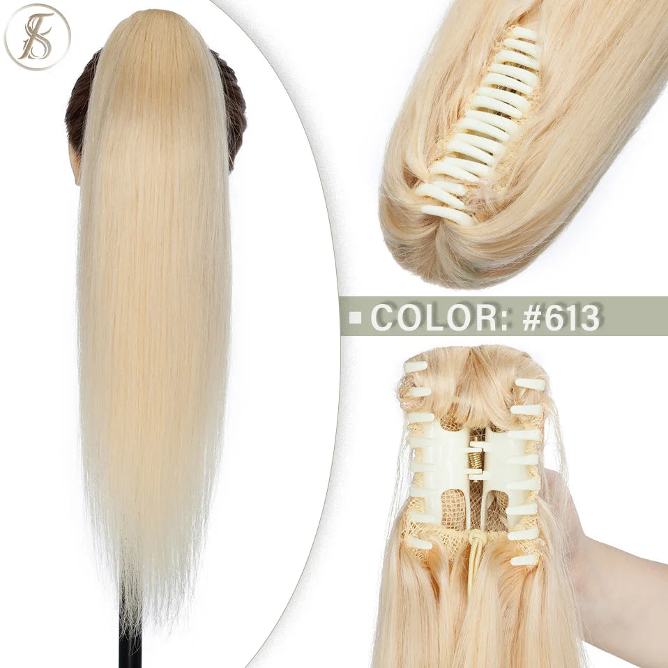 TESS Brazilian human hair claw clip ponytail extension, 14-22 inches, natural black to blonde tones