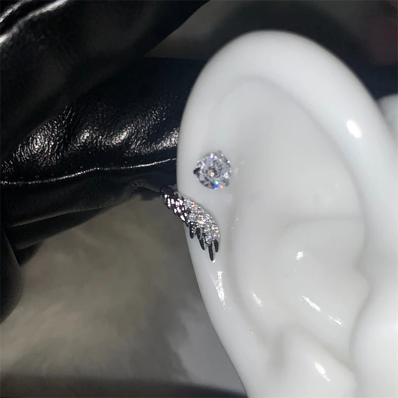 Silver wing 316L stainless steel ear bone nail with rhinestones for women, HSF Marketplace jewelry