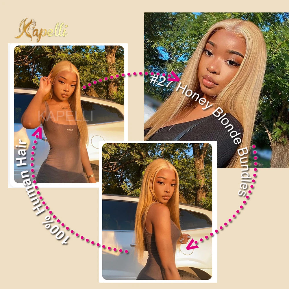 15A Silk Straight Bundles Human Hair and Closure #27 Honey Blonde Human Hair Bundles with Closure HD 4X4 Lace Pre Plucked